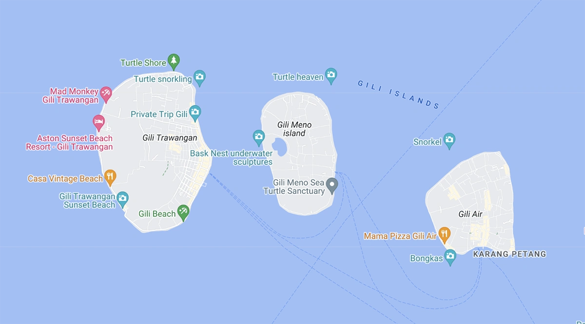 Maps of Gili Islands (Gili Trawangan, Gili Meno, Gili Air)